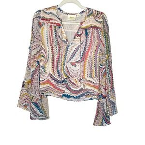 Maeve Anthropologie Marble Print Blouse Long Bell Sleeve Smocked Ruffle‎ XS Boho